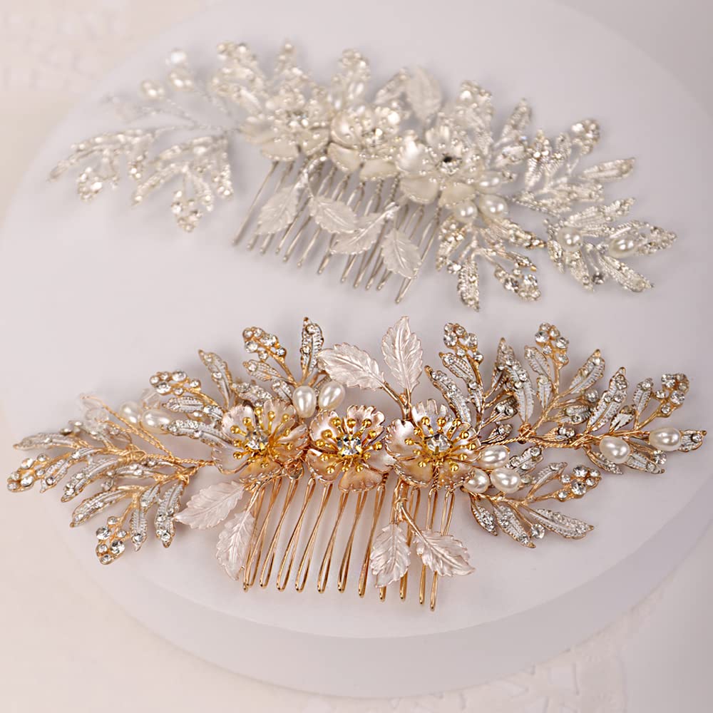 Missgrace Wedding Crystal Pearl Leaf Hair Comb, Silver Gold Bridal Hair Pieces Rhinestone Bridal Hair Clip Flower Hair Side Combs for Women (Gold)