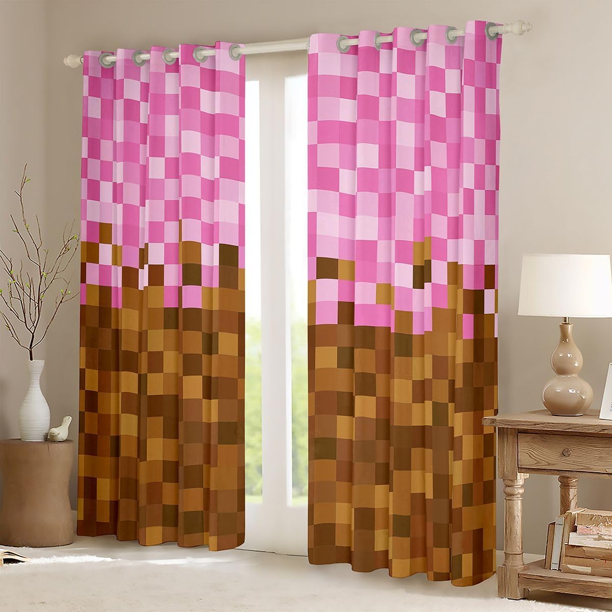 Manfei Pixelated Grid Curtains Blackout 30%-50%,Miners Building Window Drapes,Cartoon Gamepad Window Treatment Grommet Top 2 Panels Decor,Brown Pink 52Wx96L