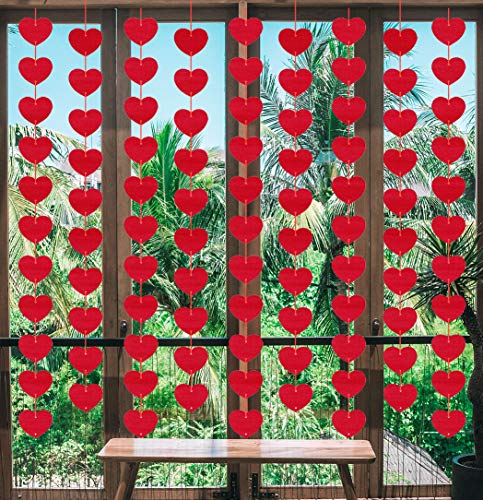 PTFNY 96 Pieces Red Hearts Felt Garlands NO DIY Valentines Day Red Heart Hanging String Garland Valentines Day Decorations Wedding Anniversary Birthday Party Supplies