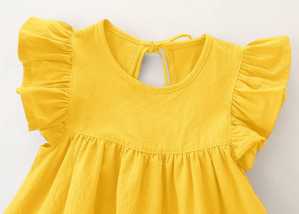 Vestido de algodón y lino con mangas con volantes, estilo casual, para verano, bohemio, para niñas