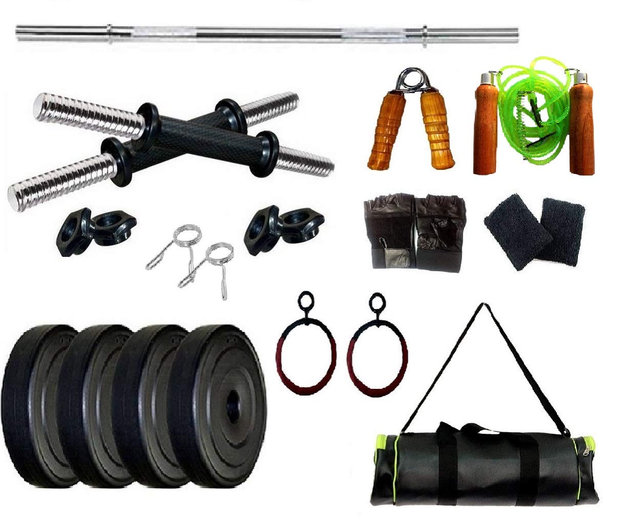 Spanco Home Gym with 26 Kg. P.V.C Weight Plates (5 Kg. X 4 = 20 Kg. + 2 Kg. X 2 = 4 Kg.), Straight Rod, Dumbbell Rods & 6 Accessories for Fitness, Weight Lifting, Body Shaping & Body Toning
