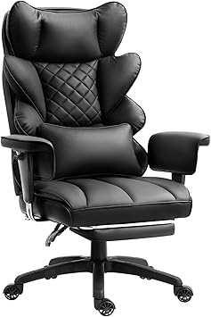 Dowinx Big and Tall Office Chair with Pocket Spring Cushion,High Back Computer Gaming Chairs with Adjustable Armrests,Executive Desk Chairs with Lumbar Support and Footrest,PU Leather-Black