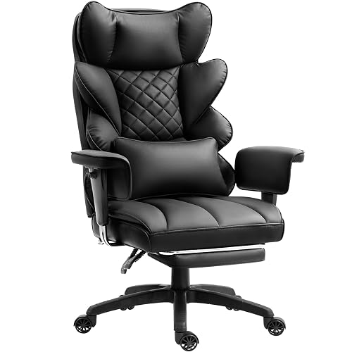 Dowinx Big and Tall Office Chair with Pocket Spring Cushion,High Back Computer Gaming Chairs with Adjustable Armrests,Executive Desk Chairs with Lumbar Support and Footrest,PU Leather-Black