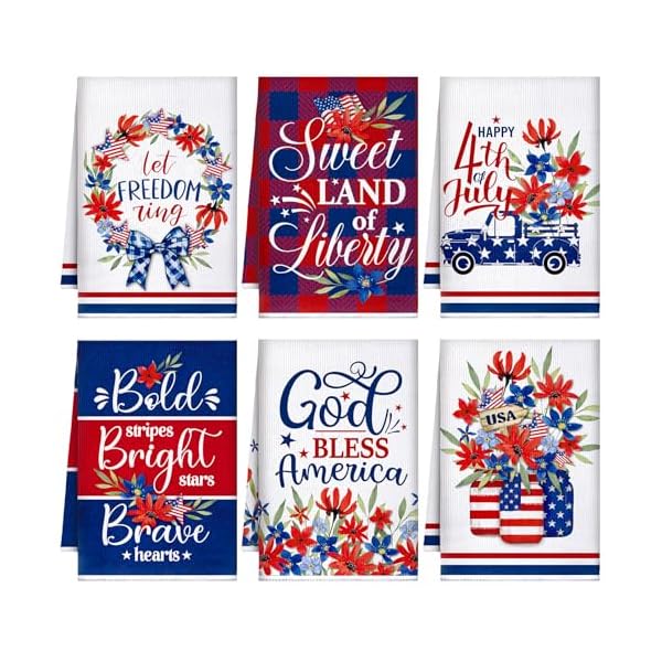 Kajaia 6 pcs 4th of july kitchen towels patriotic hand towel independence day dish towel 158 x 236 inch red white blue stripe star tea towel memorial day absorbent dishcloth for home bathroom  urban country home decor