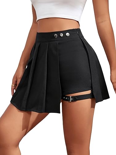 GORGLITTER Women's Buckle Asymmetrical Hem Pleated A Line Mini Skirt High Waist Summer Sexy Skater Skirts - S - Black