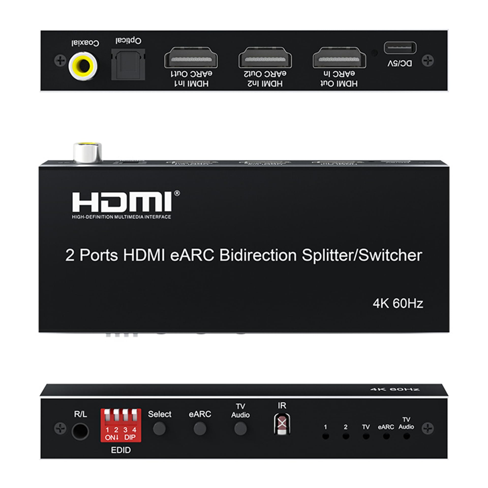 Estrattore audio HDMI eARC, 2/4 porte bidirezionale HDMI eARC Audio estrattore 4K 60Hz HDMI Toslink SPDIF COAXIAL 5.1CH Switch Audio HDMI & convertitore Splitter (2 porte HDMI)