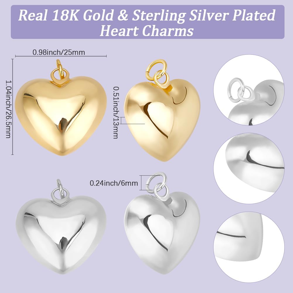 Beebeecraft 10Pcs 2 Colors Heart Charms 18K Gold Plated & 925 Sterling Silver Plated Large Love 3D Dangle Valentine Charms with 3.5mm Jump Ring for Jewellery Making Necklaces Bracelets Diy Crafts