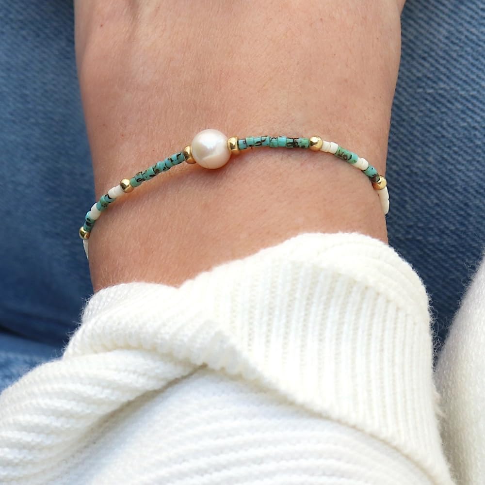 Cute Pearl Crystal Gold Beaded Bracelet Stack for Women,3PCS Bohemian Turquoise Beads Stackable Bracelets Set Trendy Minimalism Beach Accessories Jewelry Gift - Image 4
