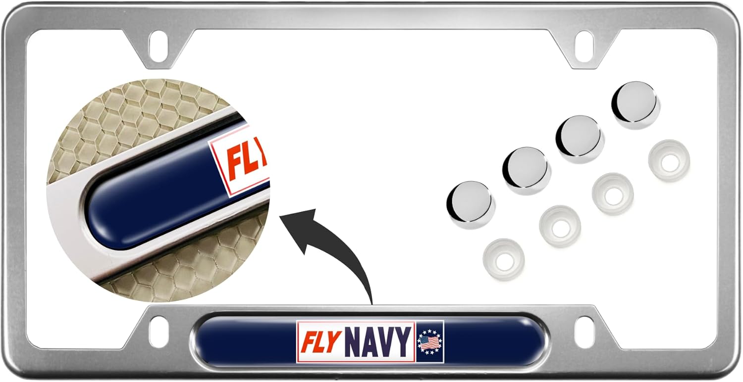 [U.S. Navy Officially Licensed Product] - USA Patriotic Anodized Aluminum Thin Top | Narrow Top Car License Plate Frame with Fly Navy Naval Aviation Insert with Free caps - Black