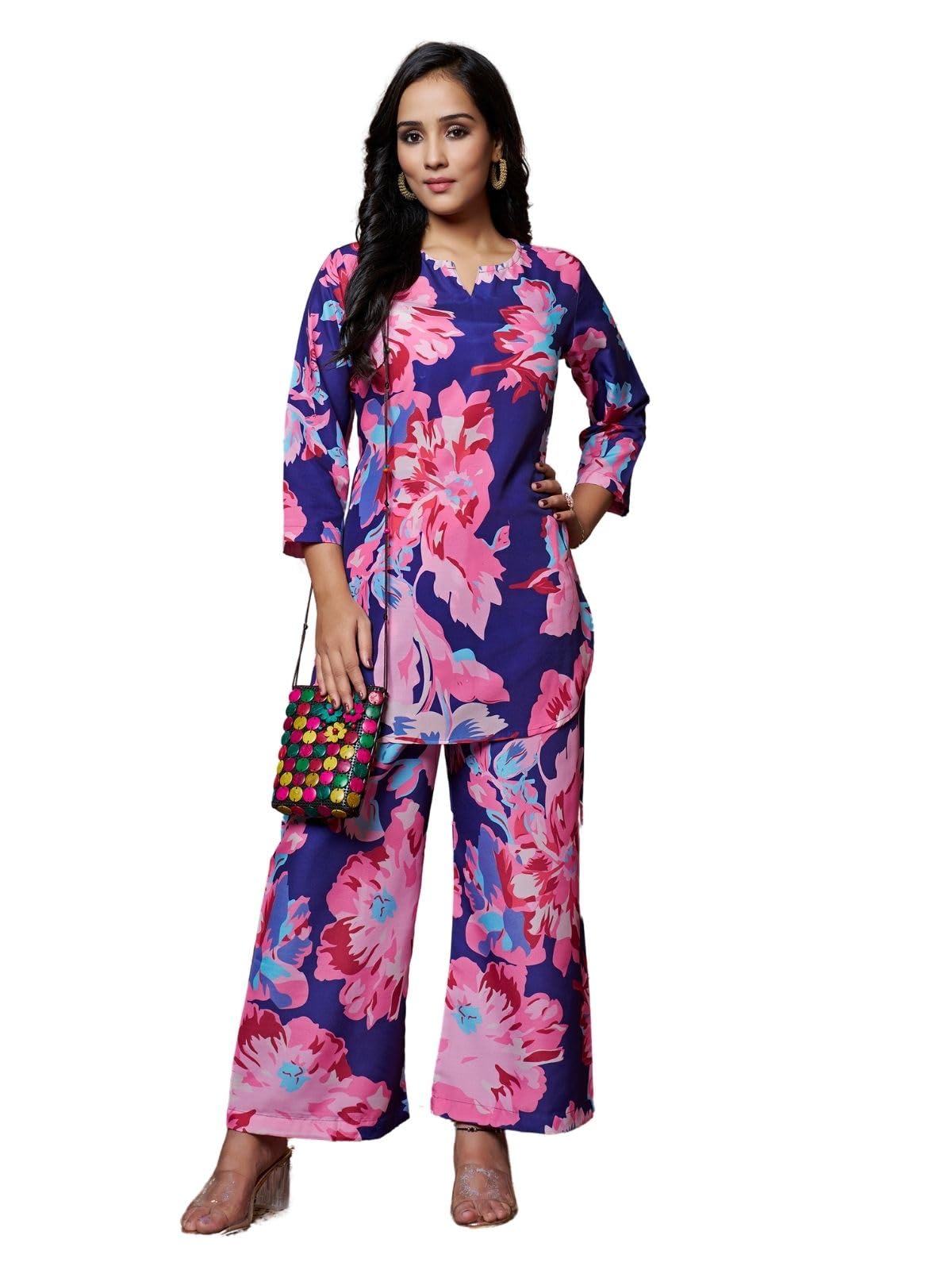 Greciilooks Women's Rayon Printed Regular Fit Co Ord Sets (Gl-W1705&Tr798_Navy Blue_L)