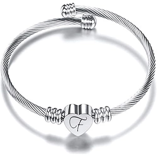 Letters Stainless Wire Bracelet for Women Men 2025 Heart-Shaped Bracelet Long Bracelet A-Z Letter Cuff Bangle Birthday Gift
