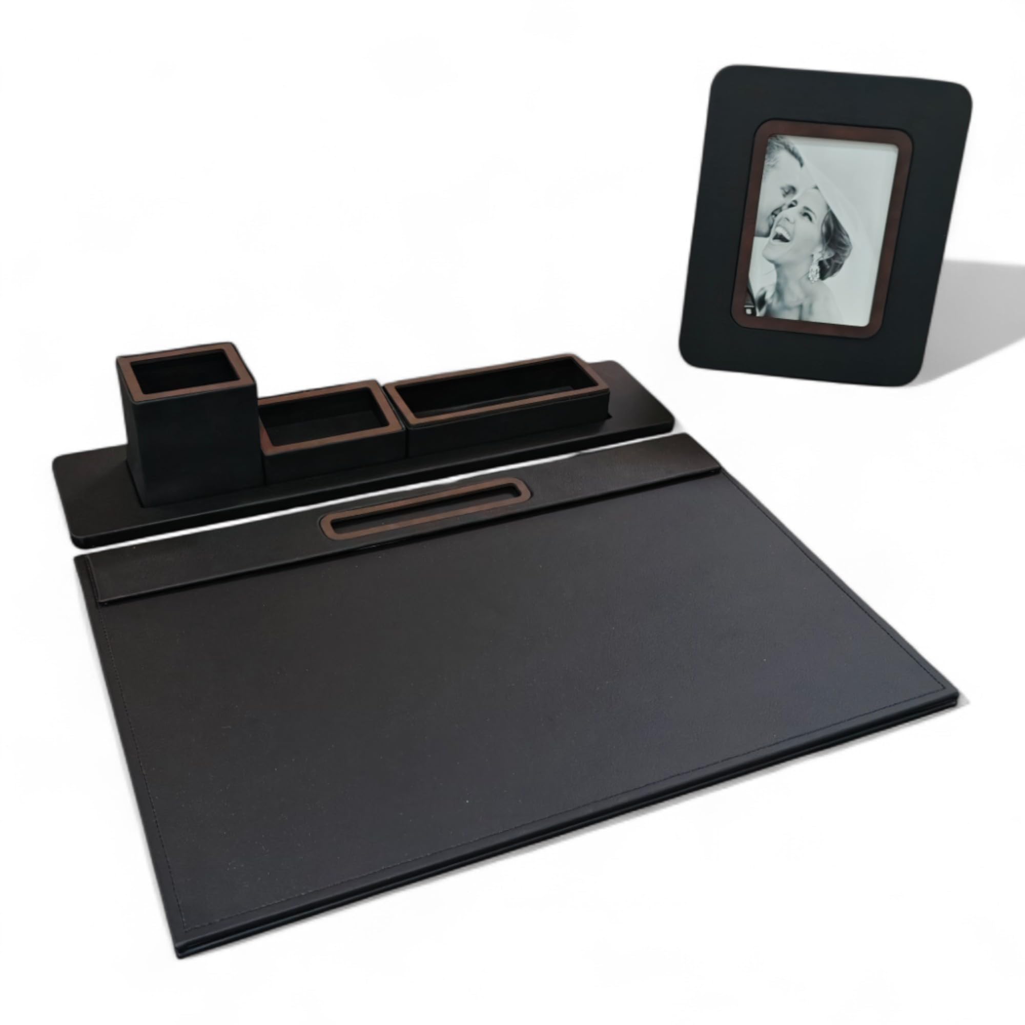 oggettando Set Scrivania in eco pelle PU Nera, 3 in 1 Organizer a incastro Bicchiere Porta Penne, Porta bigliettini, Porta oggetti, Portafoto da tavolo, Sottomano - Ufficio Casa (PU Marrone)