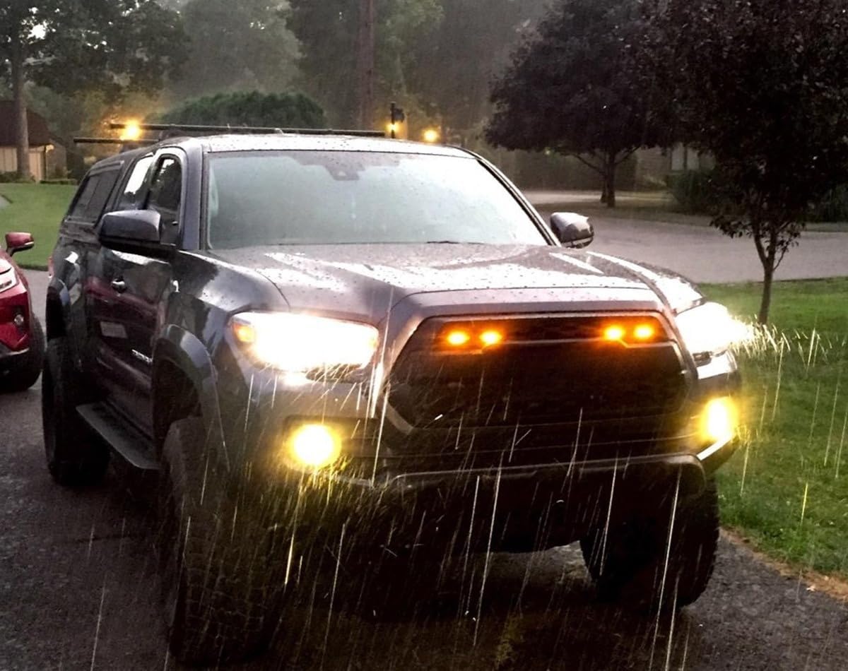 iJDMTOY 4pc Set Smoked Lens Front Grille Lighting Kit Compatible with 2016-2023 Toyota Tacoma w/TRD Pro Grill ONLY, Includes (4) 4-SMD 2500K Amber LED Light Assy & Wiring Harness