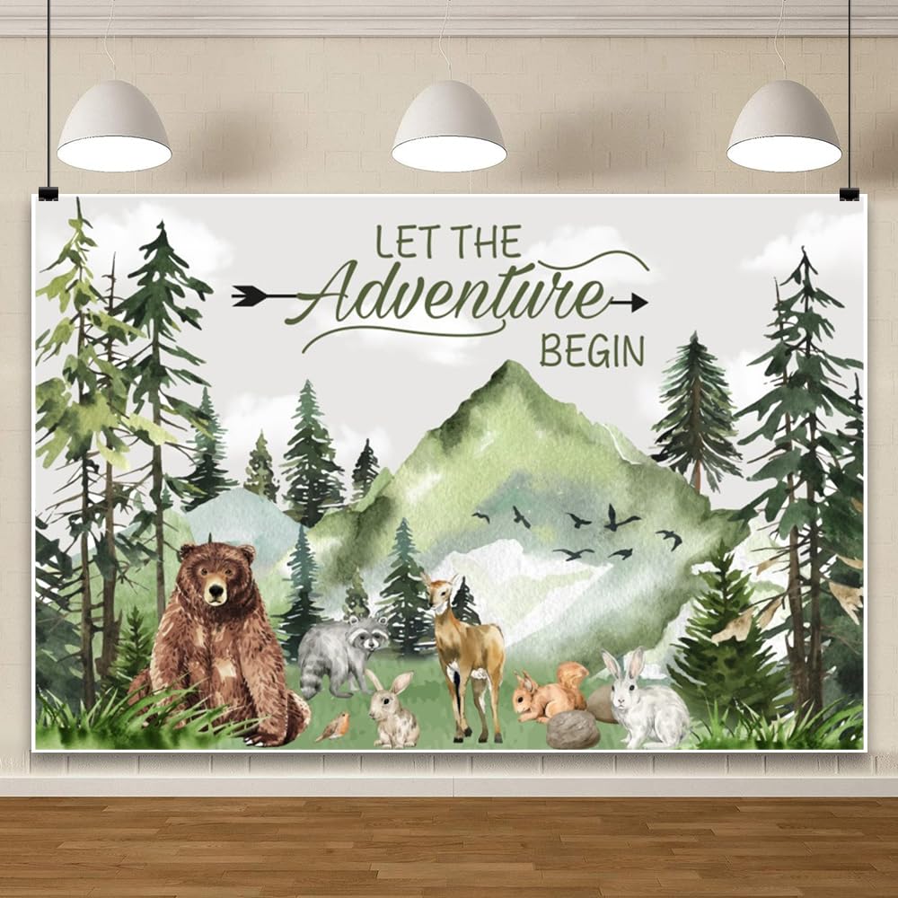 ChloropLastid Adventure Awaits Baby Shower Backdrop 8x6ft Watercolor Woodland Mountain Wilderness Animals Adventure Baby Shower Photography Background