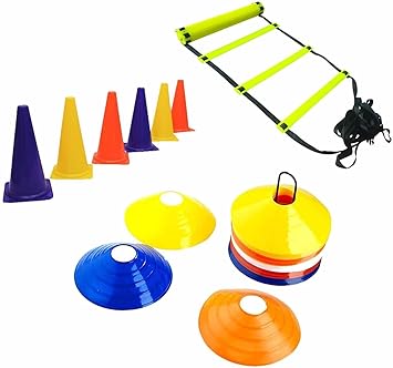 YMD Combo of Plastic Flat Adjustable Speed Agility 4m Ladder with 10 Rungs, 12-Pieces 6-inch Marker Cone and 20 Saucer Cones Speed Ladder (Multicolor)