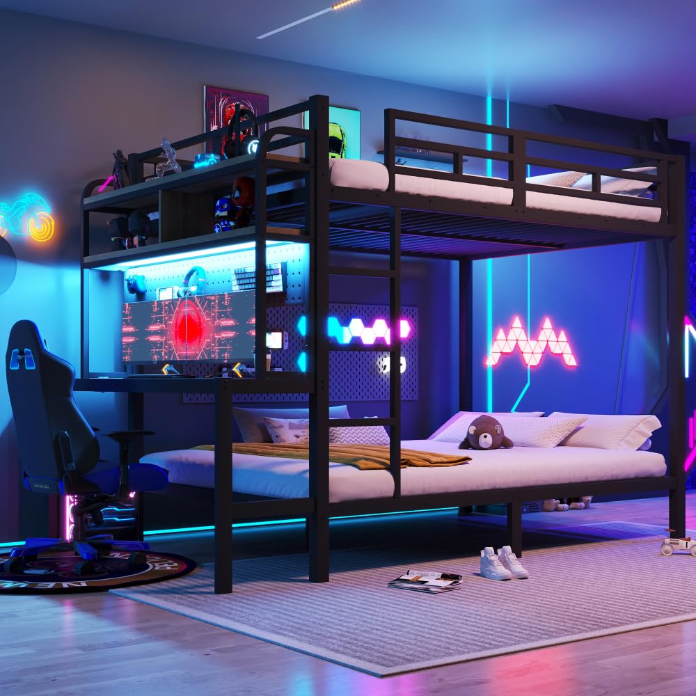 Lubvtti Litera de hierro para niños, 140 x 200 cm, con tira de luz LED, puerto USB, escritorio, compartimento de almacenamiento, cama infantil, estructura de cama de matrimonio (negro)