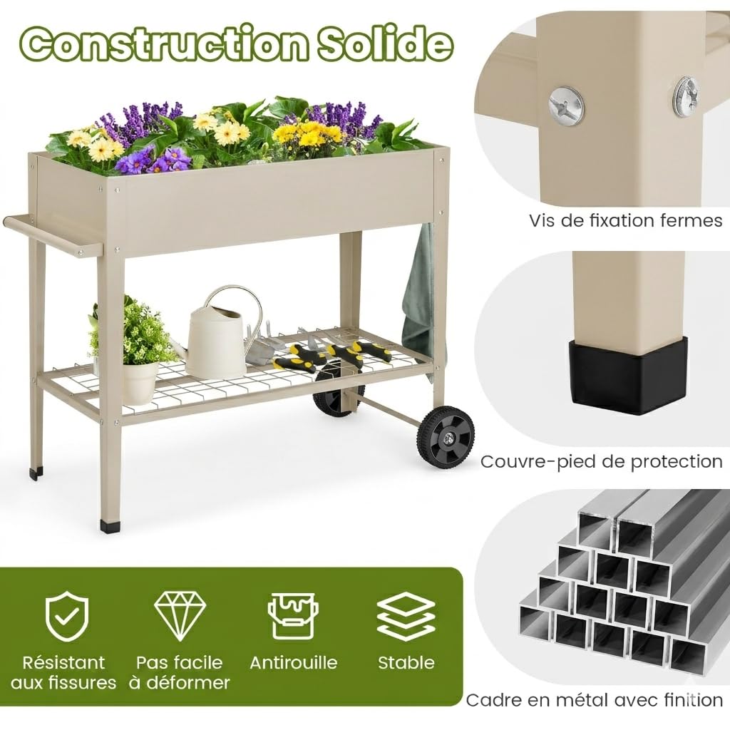 GOPLUS Jardinière Surélevé sur roulettes avec Étagère et 2 Crochets pour Outils de Jardinage, Lit de Jardin en Métal pour Légume, Herbe, Carré Potager Extérieur pour Jardin, Balcon (Blanc)