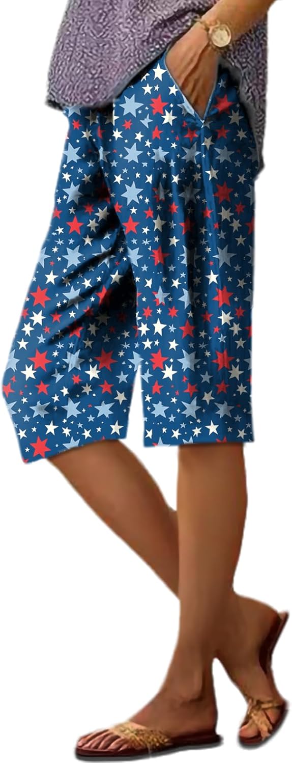 Summer Shorts for Women 2025 Vintage Floral Business Casual High Waisted Elastic Waist Wide Leg Pants