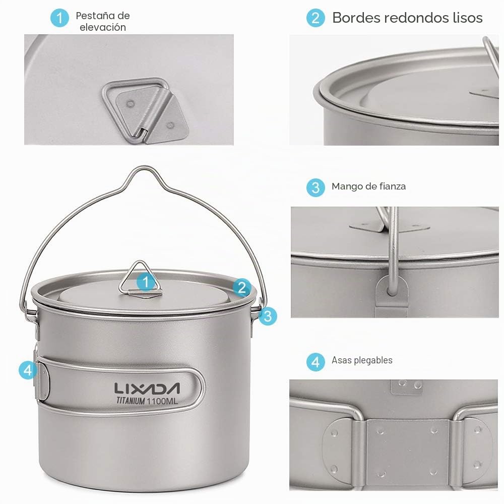 Lixada - Tarro de 750/900/1100 ml de Titanio Ligero con Cuchara Plegable para Camping al Aire Libre, Senderismo, Picnic, Senderismo