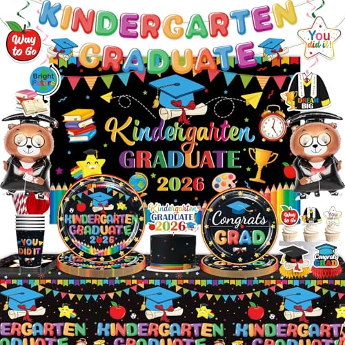 Kindergarten Graduation Decorations - 162 Pieces Set for 25 Guests, Includes Banner, Hanging Swirls, Tableware, Tablecloth & Balloons - Ideal for Kind
