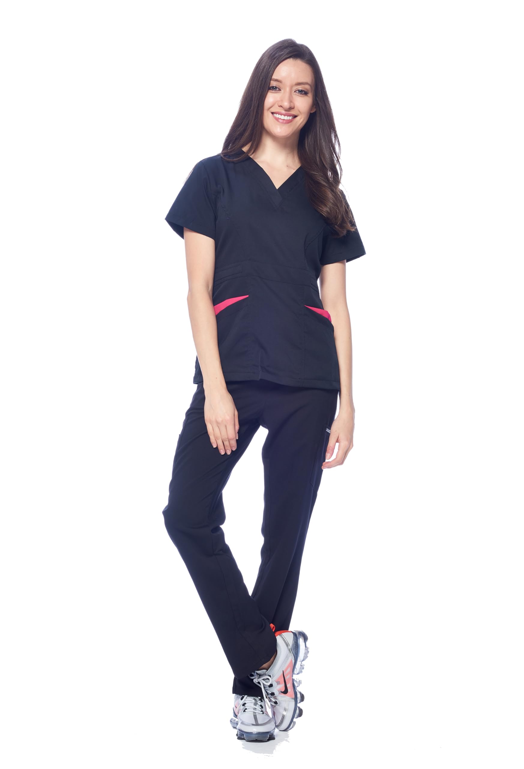 Dagacci Medical Uniform Women's Scrubs Set Stretch Ultra Soft Contrast Pocket, Black, XS