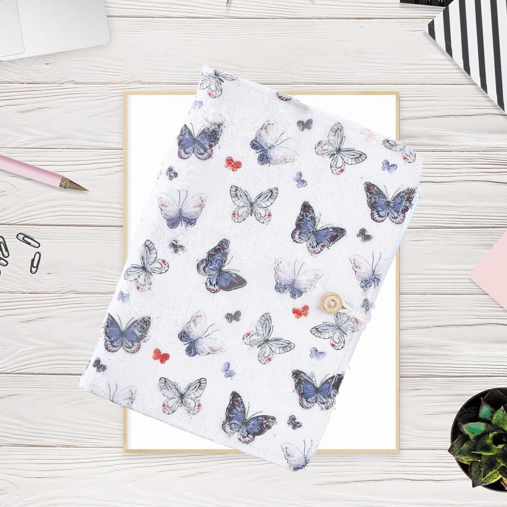 CRASPIRE Embroidery Refillable Journal A5 Binder 6 Ring Notebook White Butterfly Budget Binder Fabric with Zipper Pocket Rope-Tied Button Planner Writing Travel Diary for Women Gift Friends Female