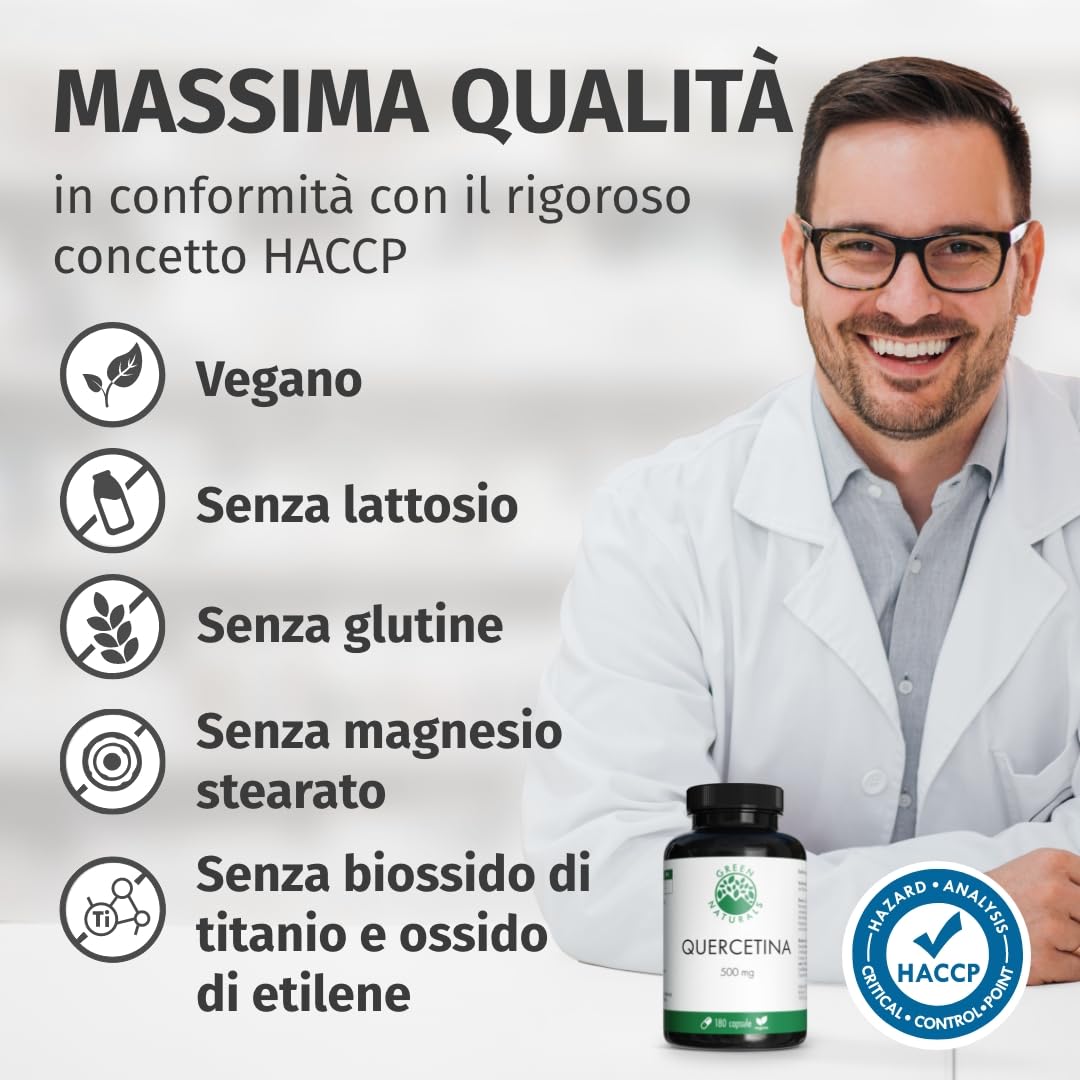Green Naturals® Quercetina ad alto dosaggio – 500 mg da estratto naturale di Sophora japonica – 100% vegana & senza additivi – 180 capsule (6 mesi)