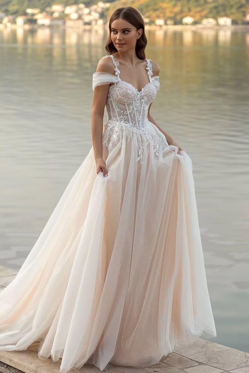 Damen Tüll Brautkleider Lang Elegant Hochzeitskleider A Linie Prinzessin Glitzer Mit Spitze V-Ausschnitt Trauung Kleid Ärmellos