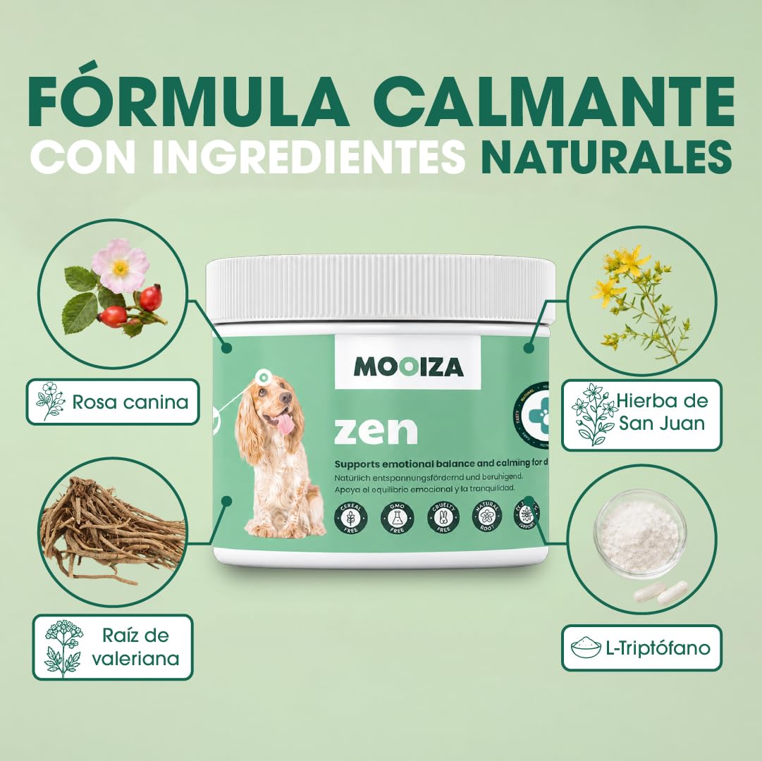 Calmante Perros 100% Natural - Ansiedad Antiestrés para Perro con L-Triptófano Valeriana Hipérico - Snacks para Perros 300g en Formato Galletas Semi Blandas - MOOIZA