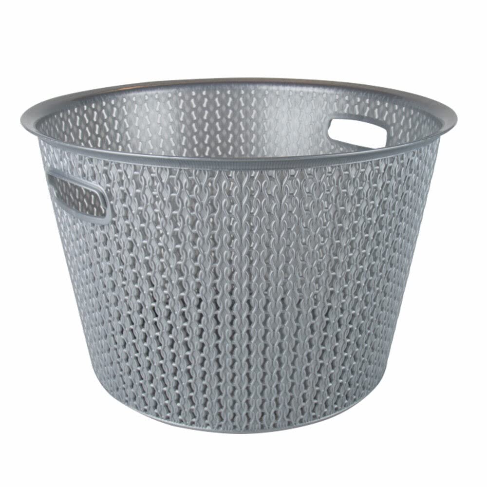 Plastic Laundry Basket Clothes Washing Bin Storage Knitted Hamper Organiser (Silver, Round)