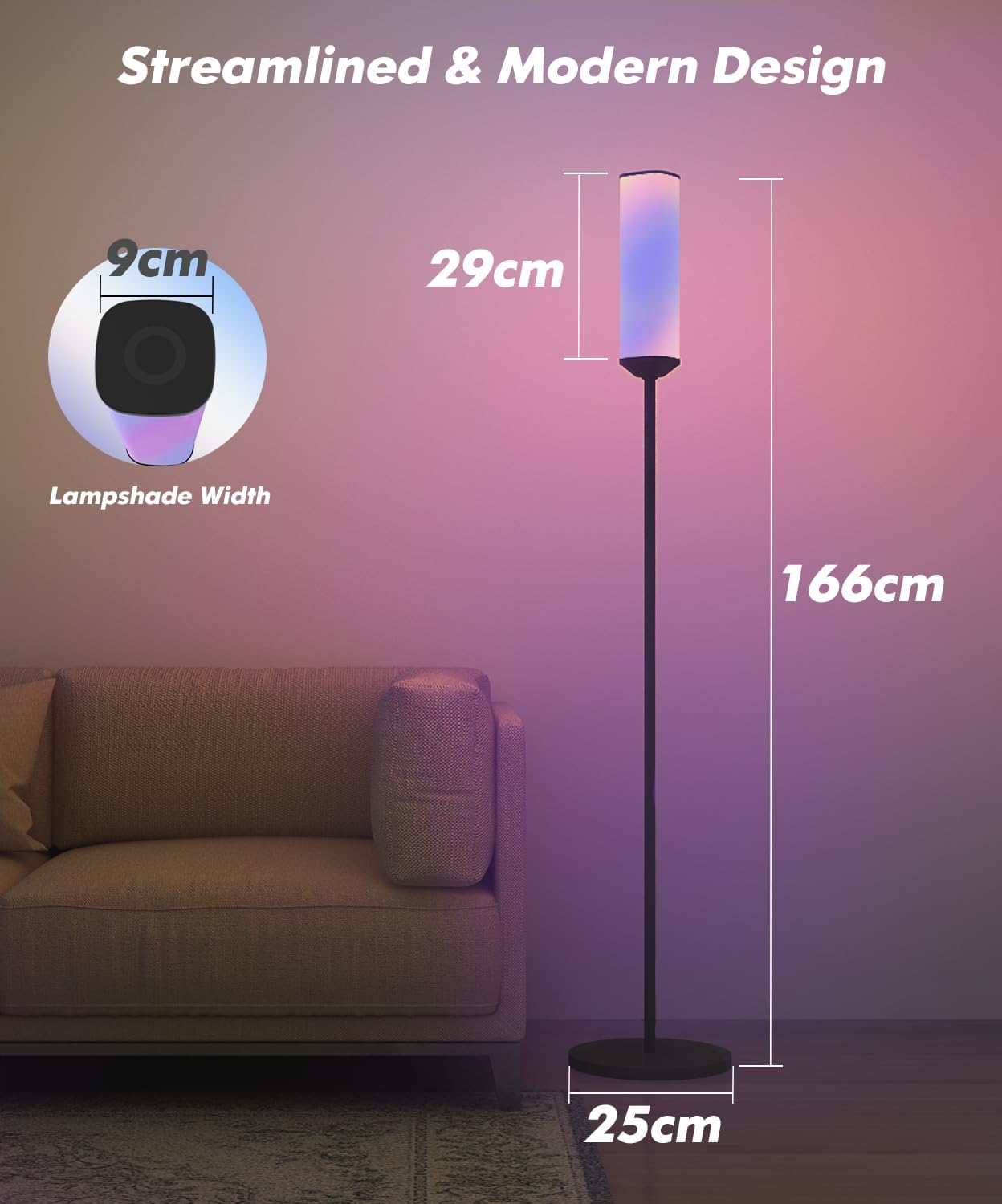 Diagram showing the dimensions of the Sotipevs RGB Floor Lamp