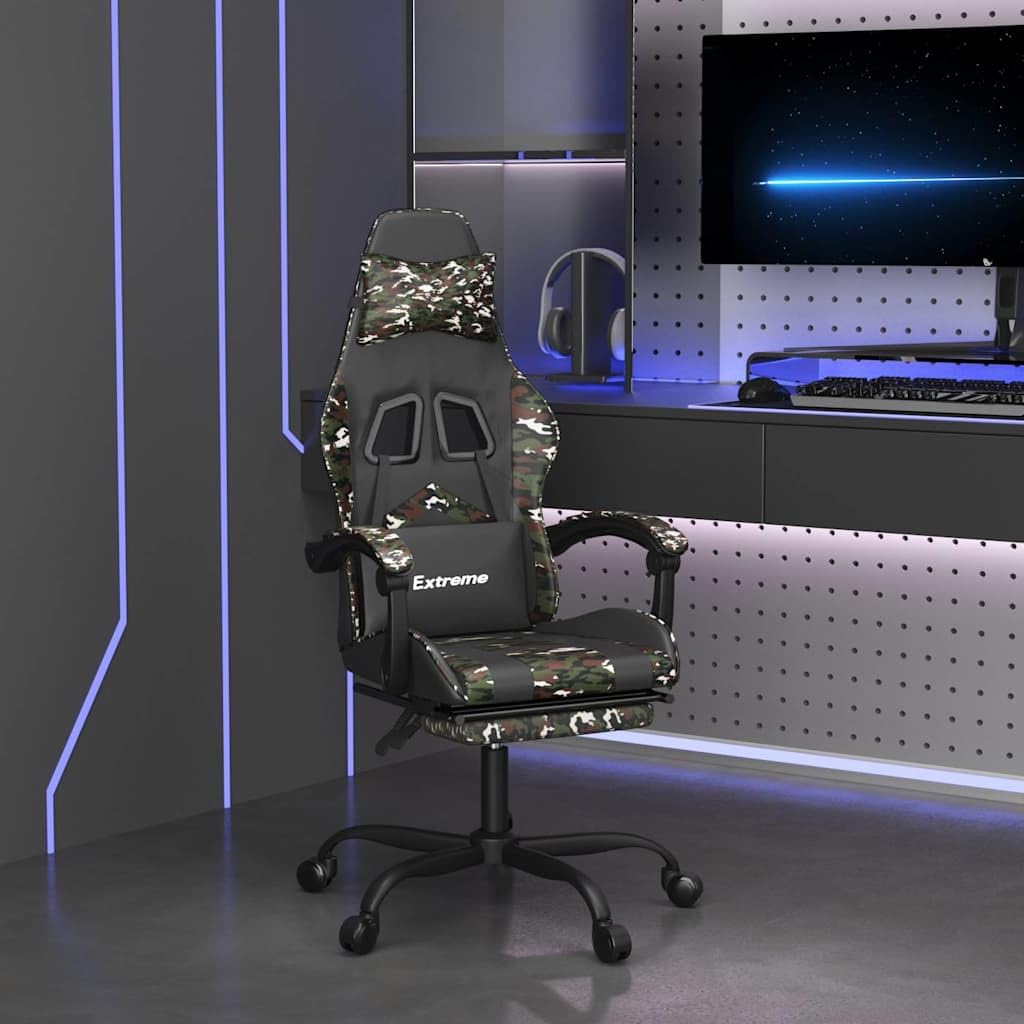 Fotel gamingowy z podnóżkiem, obrotowy, czarny, w kolorze maskującym, sztuczna skóra, ergonomiczne siedzisko wyścigowe do komputera, biura i domowego biura, z funkcją przechylania, poduszką