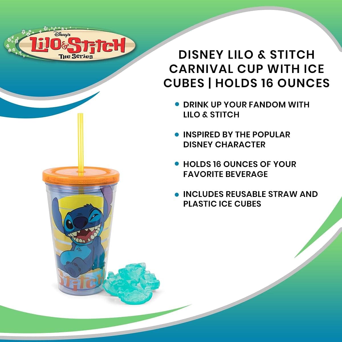 Disney Lilo & Stitch Carnival Cup With Reusable Straw, Leakproof Lid, Plastic Ice Cubes | Bpa-Free Plastic Tumbler, Tall Cold Cup | Novelty Drinkware For Home Kitchen | Holds 16 Ounces - Image 7