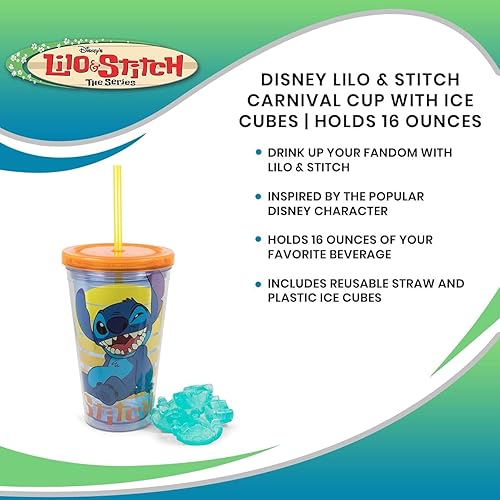 Miniatura 7 de Disney Lilo & Stitch - Taza de carnaval con popote reutilizable, tapa a prueba de fugas, cubos de hielo de plástico, vaso de plástico sin BPA, vaso