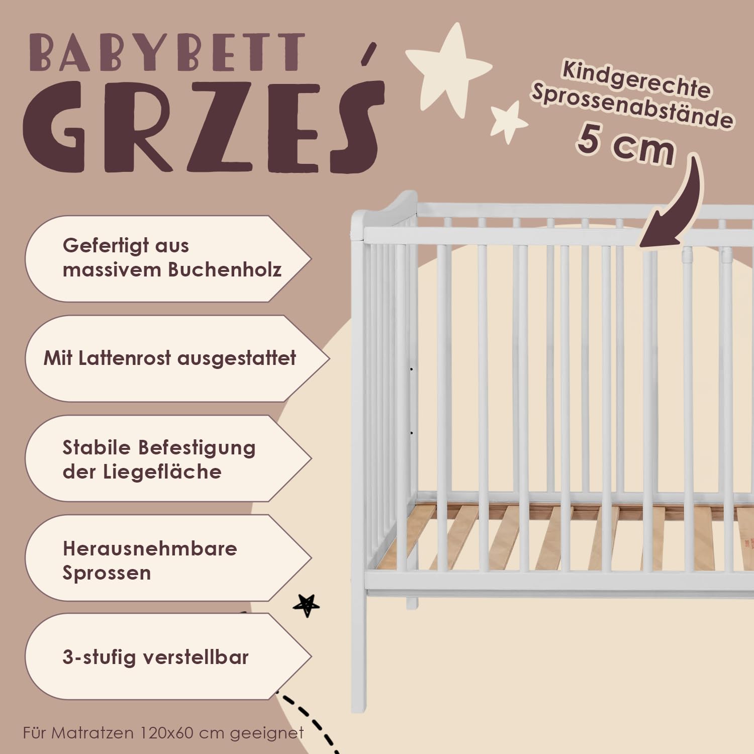 GRZES Babybett 120x60 cm Weiß, EN 716 geprüft, Kinderbett aus Buchenholz, höhenverstellbarer Lattenrost, 3 herausnehmbare Sprossen
