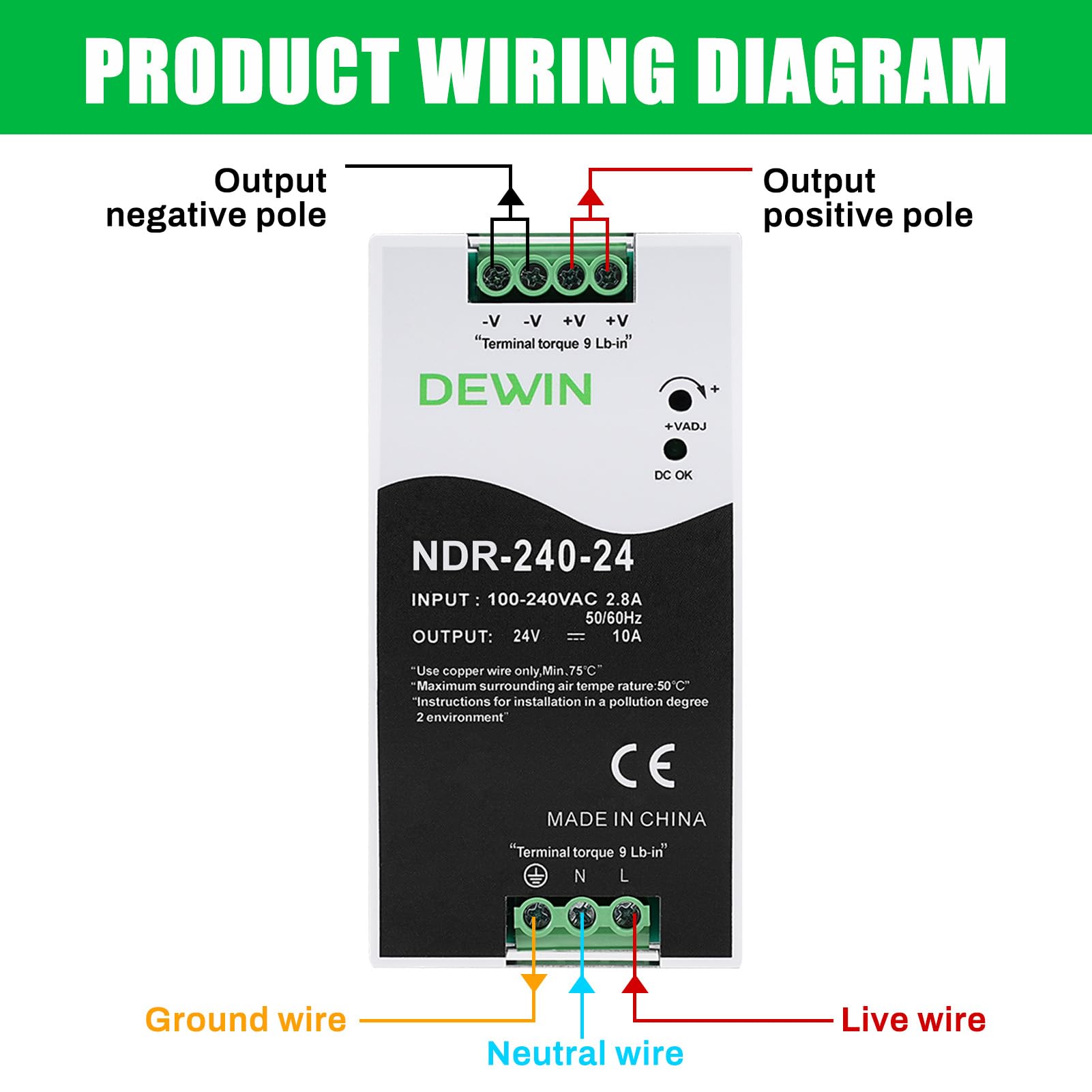 Fuente de alimentación carril DIN 24V 10A 240W transformador din rail Entrada AC100-240V 2.8A salida DC 24V 10A fuente de alimentacion DIN Rail industrial NDR-240-24