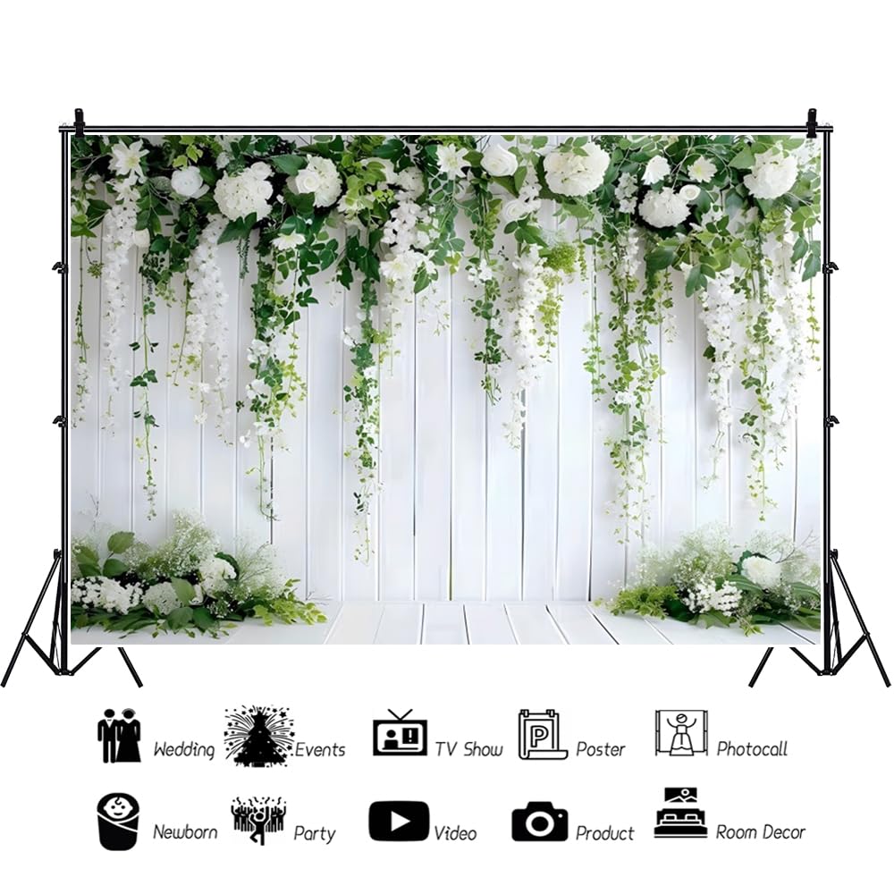 Fleur Blanche Toile de Fond de Mariage 3x2.5m Planche Blanche rétro avec Feuilles Vertes Fond de Douche Nuptiale Florale bébé Fille fête d'anniversaire Portrait gâteau décor de Table
