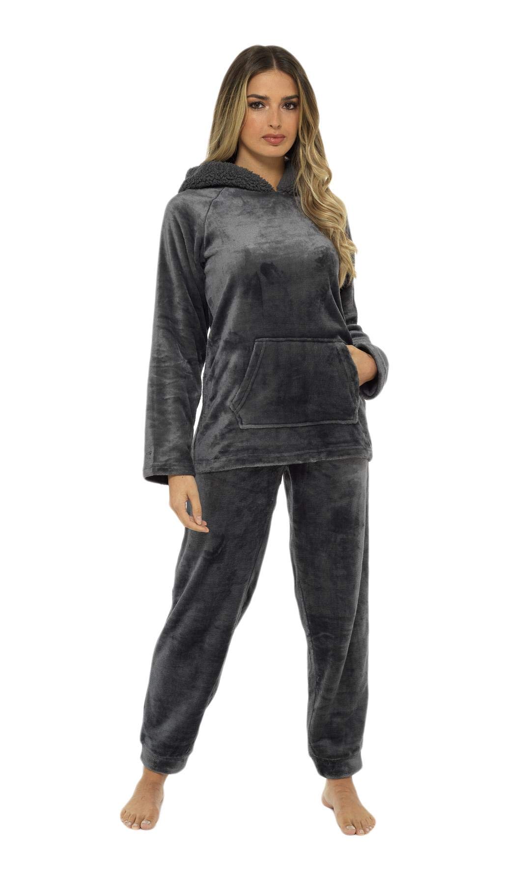 Daisy Dreamer Womens Hooded Pyjamas Super Soft Plush Fleece Teddy Pyjama Set Ladies Hoodie PJs Pajama, Charcoal Sherpa Medium 12-14