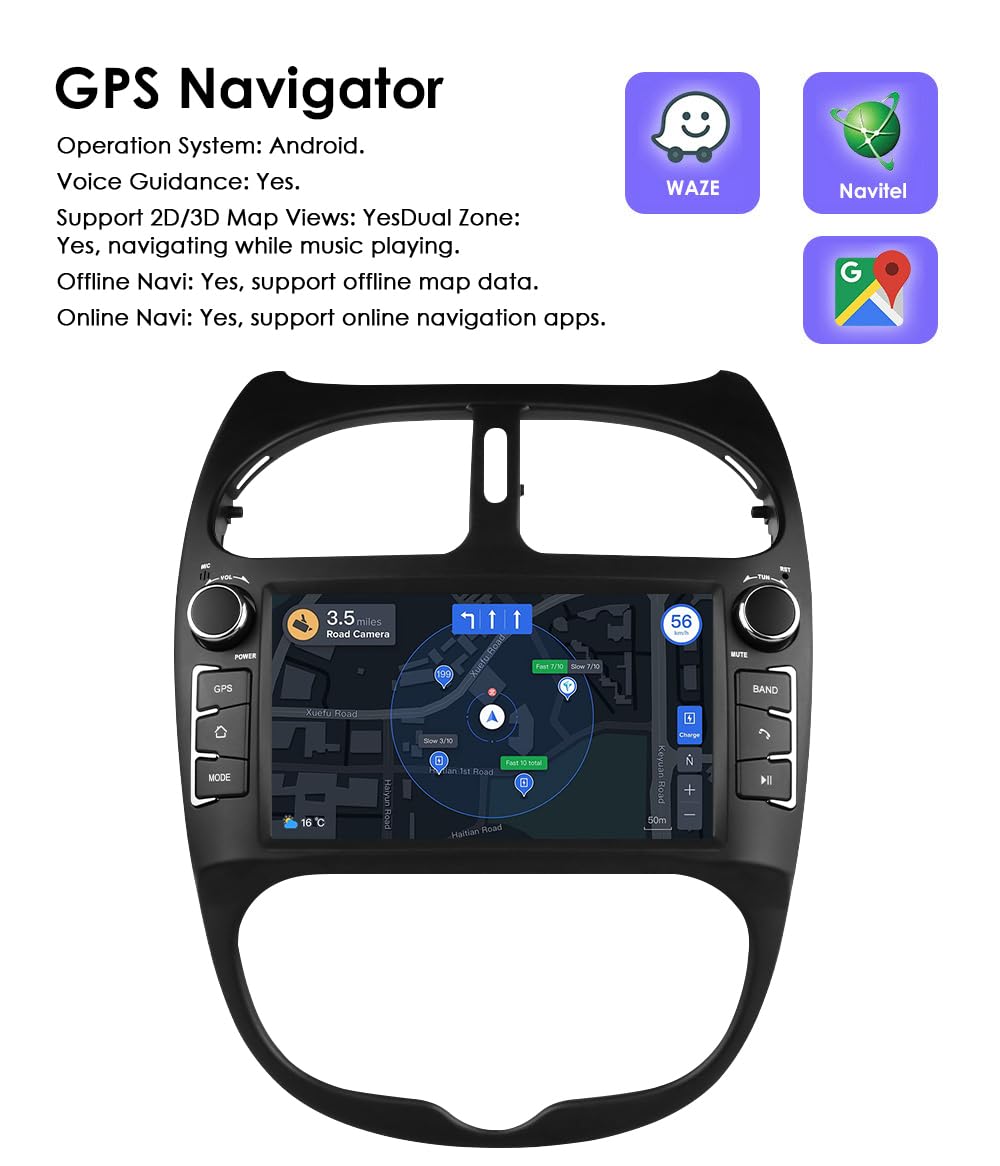 Autoradio Android 14 con touchscreen da 7 pollici e processore quad-core per Peugeot 206 206cc 2000-2008 WiFi CarPlay/Android Auto Bluetooth 4G SWC GPS RDS 2 GB + 32 GB
