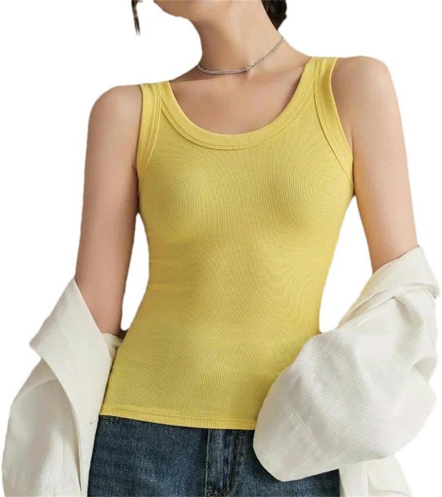 Women's Summer Sleeveless Camisole Solid Color Tight Elastic Vest top O-Neck Outdoor Sports and Leisure T-Shirt