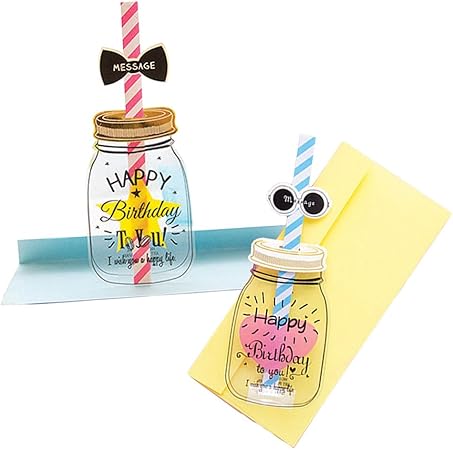 Amazon Moin Moin メッセージ カード お誕生日 バースデーカード グリーティング クリア タンブラー ボトル ストロー 立体 Sns映え インスタ 3d カード 封筒 2種 セット グリーティングカード 文房具 オフィス用品