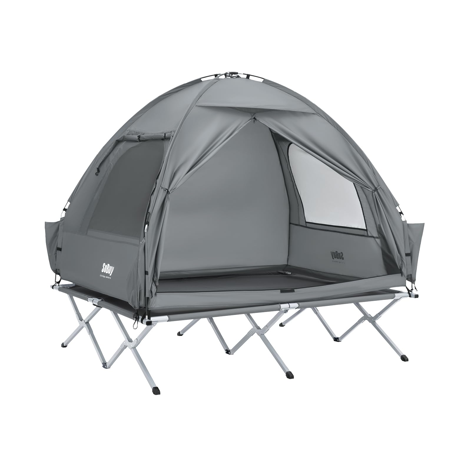 SoBuy Feldbett mit Zelt 2 Personen 4in1 Zelt auf Stelzen mit Rolltasche Wasserdichtes Campingbett Outdoor Campingliege Familienzelt ohne Matratze Angelzelt 193x188x145cm bis 180 kg OGS32-II-L-HG