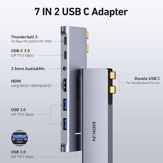 MacBook Pro Adapter, USB C Adapter for MacBook Pro/Air M1M2M3 2022 2021 2020 13 15 16, Mac Dongle with 4K HDMI, 3 USB 3.0, USB C 3.0 and 100W Thunderbolt 3, Audio, Support MagSafe 3 Charging