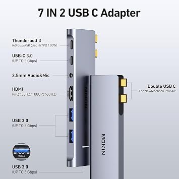 MacBook Pro Adapter, USB C Adapter for MacBook Pro/Air M1M2M3 2022 2021 2020 13 15 16, Mac Dongle with 4K HDMI, 3 USB 3.0, USB C 3.0 and 100W Thunderbolt 3, Audio, Support MagSafe 3 Charging