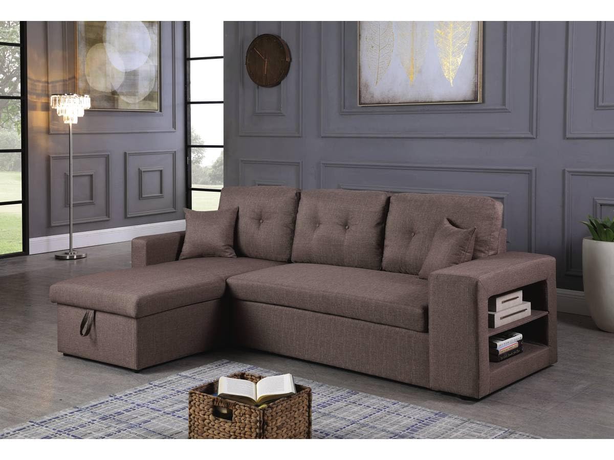 Habitat et Jardin - Canapé d'angle Convertible et Réversible Axel 3 Places Taupe - Canapé Lit Design Moderne en Tissu Lin - Espace de Stockage (Méridienne) + Étagères
