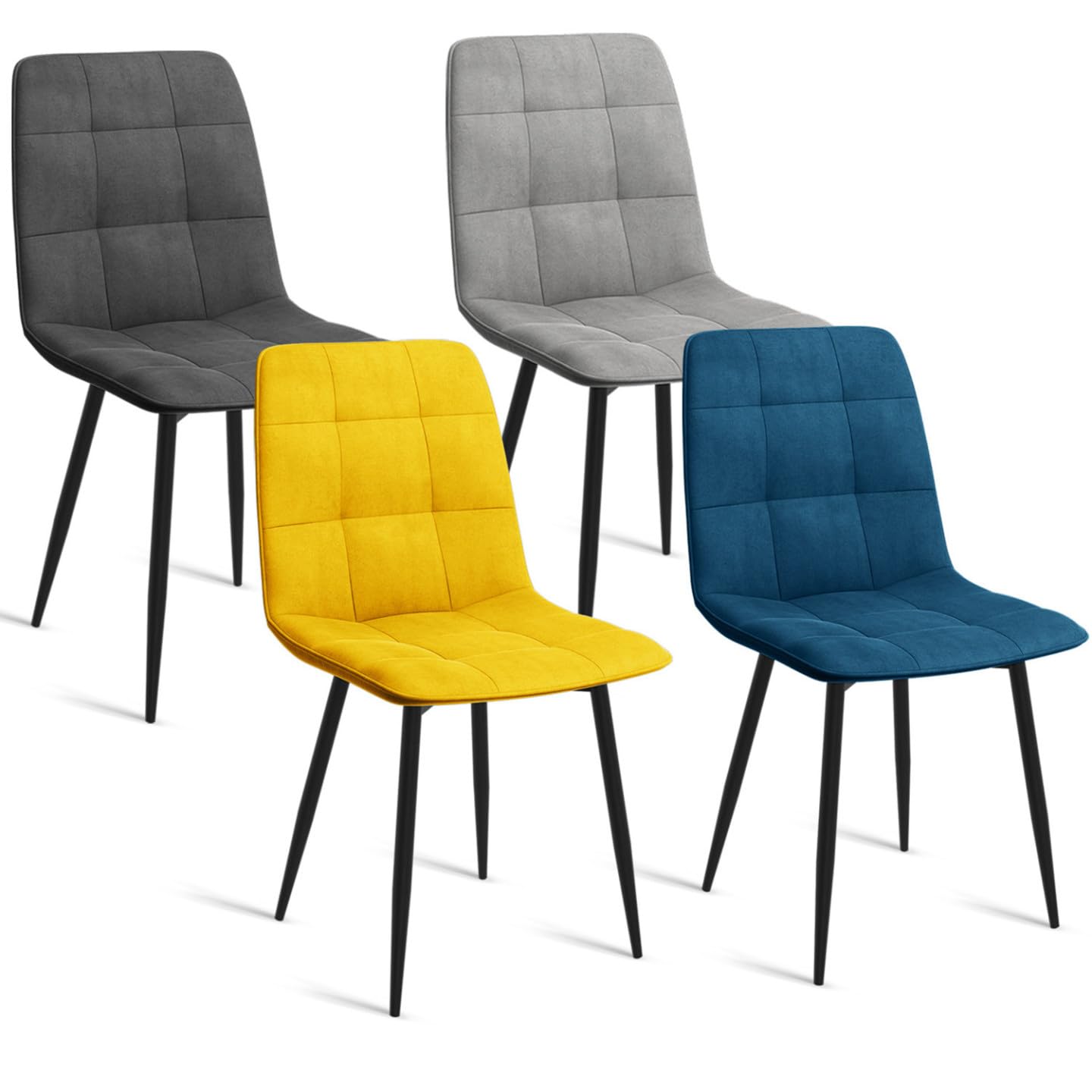 IDMarket - Juego de 4 sillas Mila de terciopelo Mix Color Azul, Gris Claro, Gris Oscuro, Amarillo