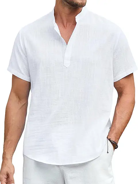 Camisa de Lino Hombre Manga Corta con Cuello Mao - Verano Casual