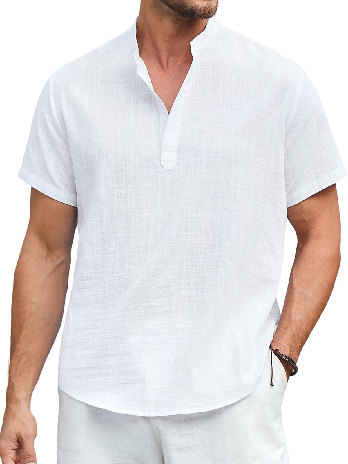 Enlision Camisa Lino Hombre Manga Corta Verano Camisas Casual para Hombres Cuello Mao Ibicenca Camiseta con Botones Algodón Color Sólido Ropa S-4XL