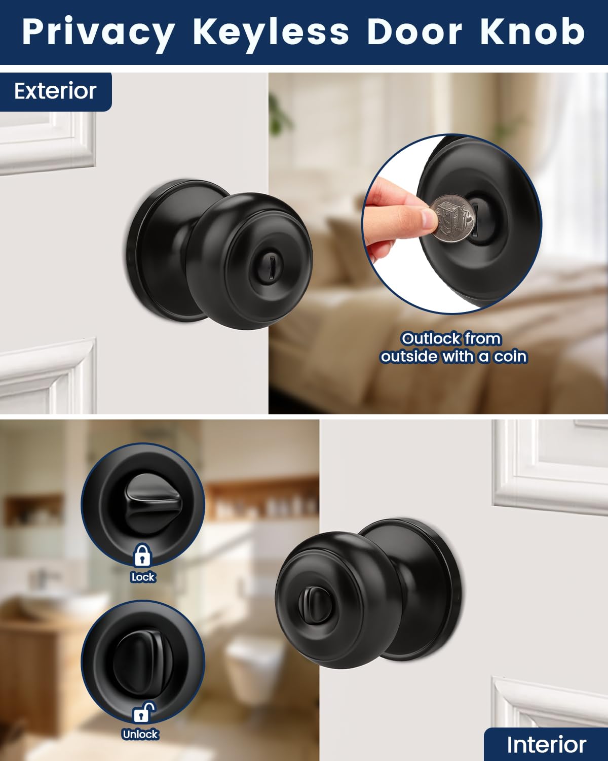 Matte Black Door Knobs - Keyless Privacy Locks -5