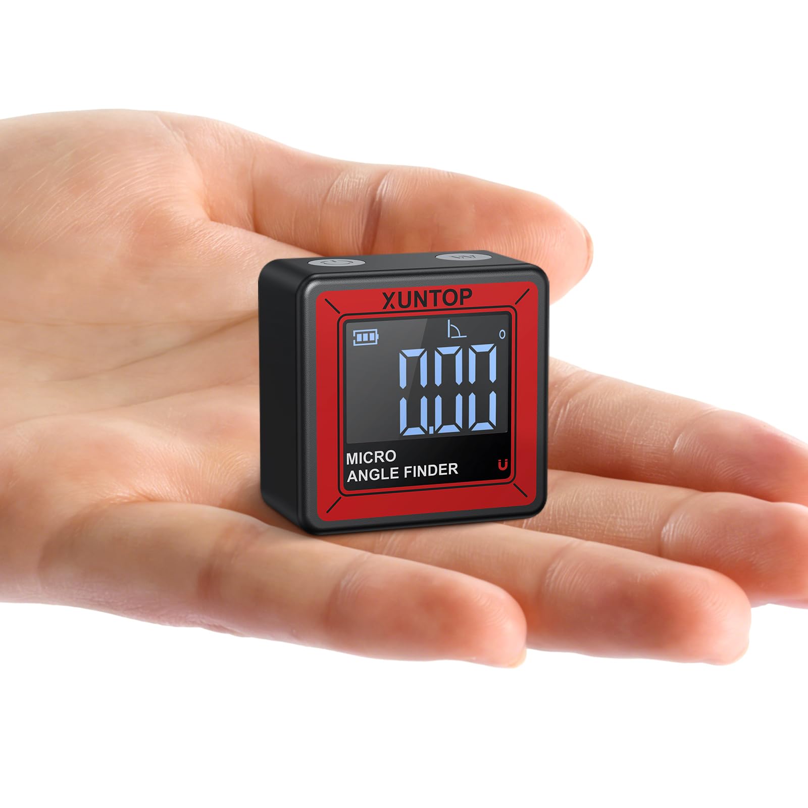 XUNTOP Small Digital Angle Finder with Bottom Strong Magnetic 4*90° Angle Gauge with AV Display Rechargeable Inclinometer Level Box for Hanging Decorations Woodworking Construction DIY and Table Saw